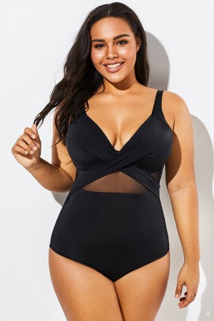 Black Cut Out Mesh Underwire One Piece Swimsuit