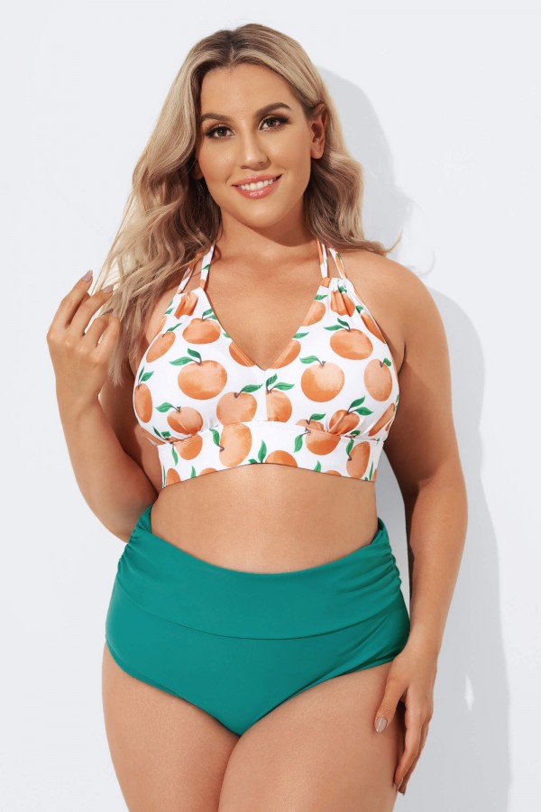 Fashion Fruit Print V-Neck Halter Bikini Set