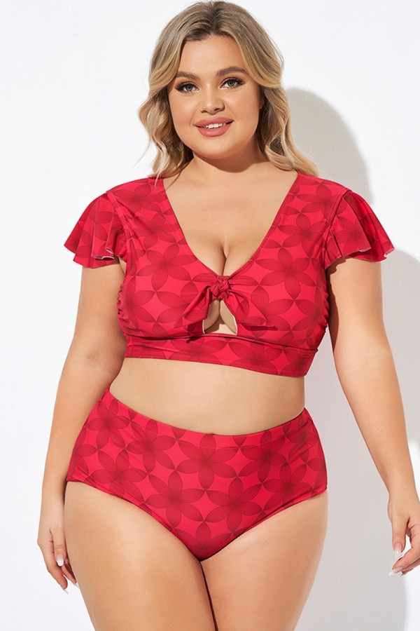 Red Geometric Interwoven Print Bikini Top