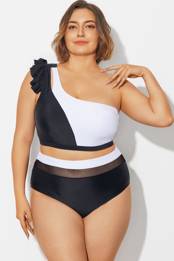 Black＆White Chic One Shoulder Bikini Top