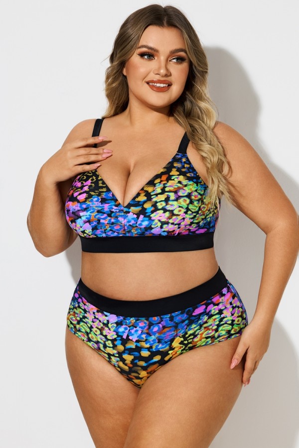 Plus Size V-Neck Neon Leopard Print Bikini Top