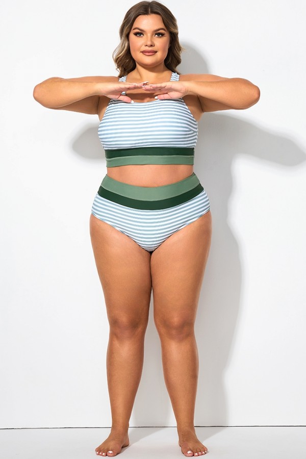 Plus Size Green Striped Patchwork Bikini Bottom
