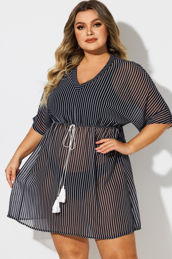 Plus Size Striped Tassel Tie Front Cover Up