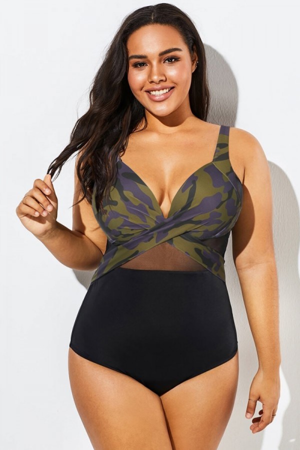 V-Neck Camouflage Print Mesh Underwired One Piece Swimsuit