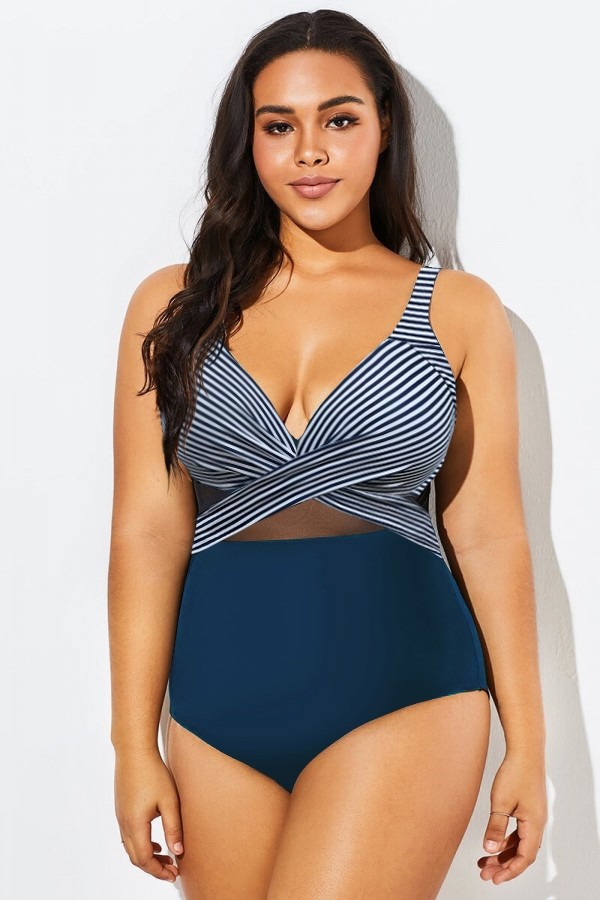 Striped Cut Out Mesh Underwire One Piece Swimsuit