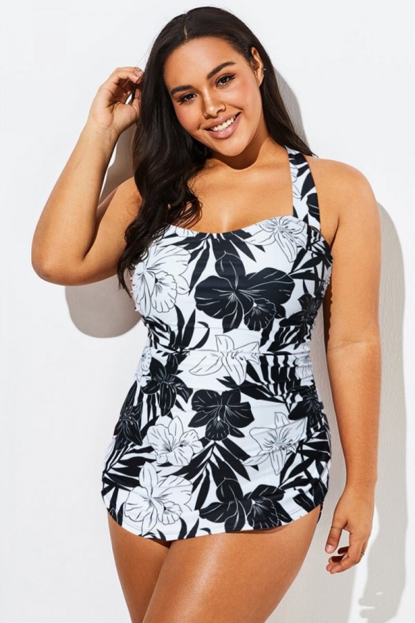Black＆White Floral Sarong One Piece Swimsuit