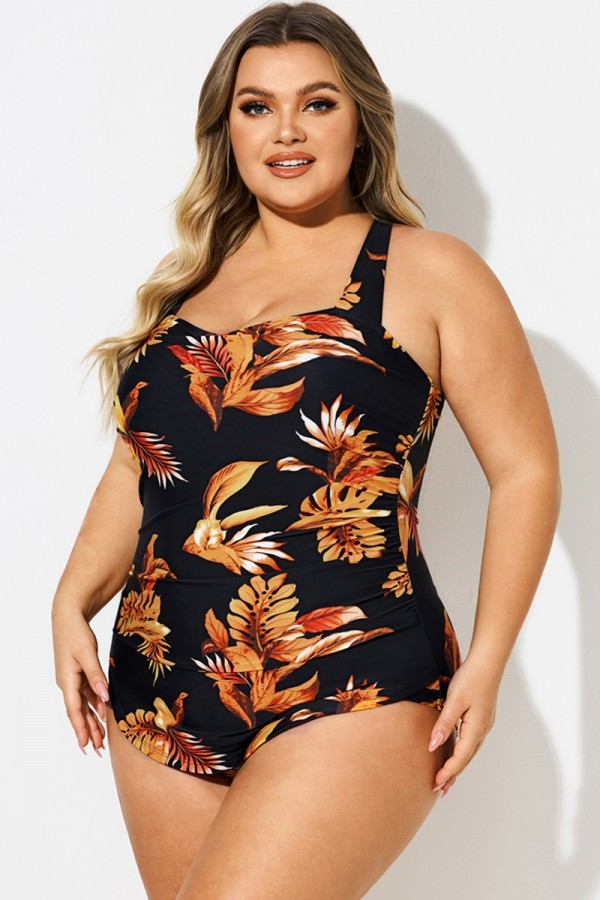 Leaf Print H-Back Sarong Front One Piece Swimsuit