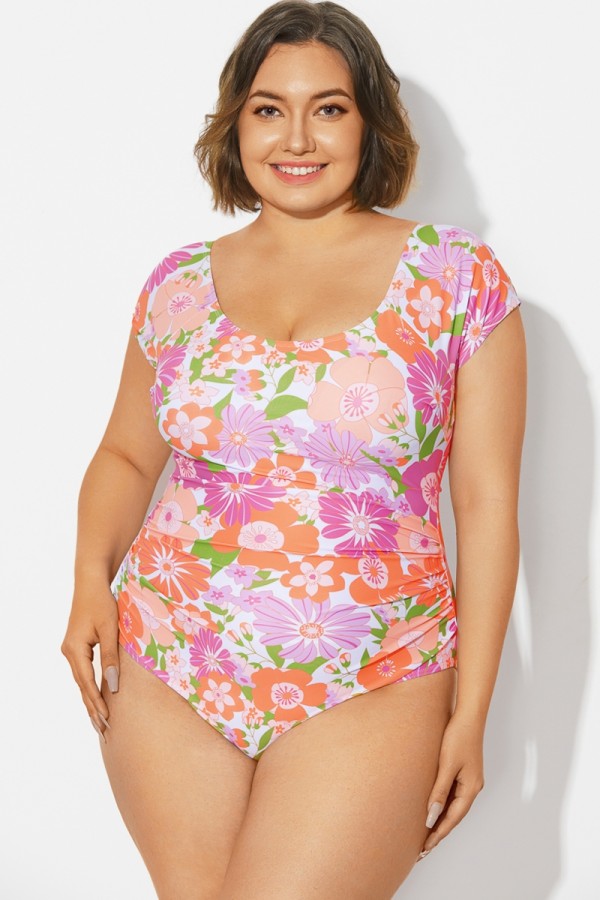 Floral Print Short Sleeve Elastic One Piece Swimsuit