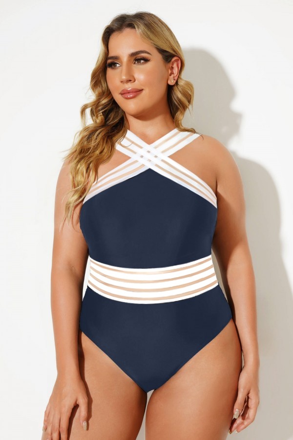 Navy & White Crossover Vintage One Piece Swimsuit