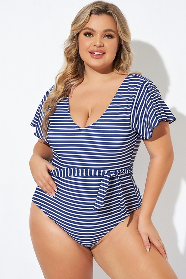 Blue and White Stripe Women One Piece Swimsuit