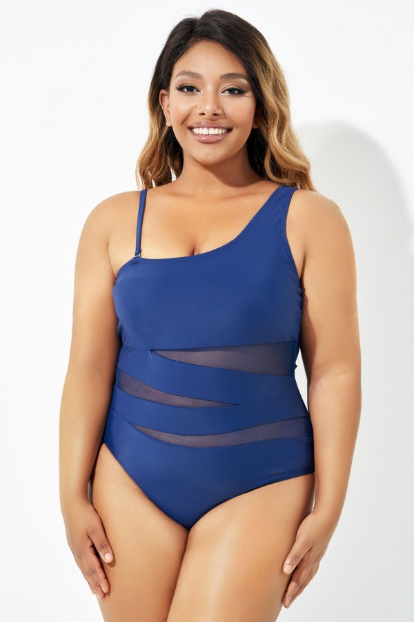 Navy Blue One Shoulder Mesh One Piece Swimsuit