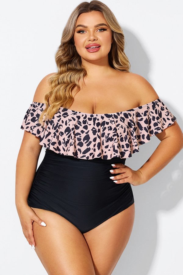 Animal Print Ruffle Off Shoulder One Piece Swimsuit