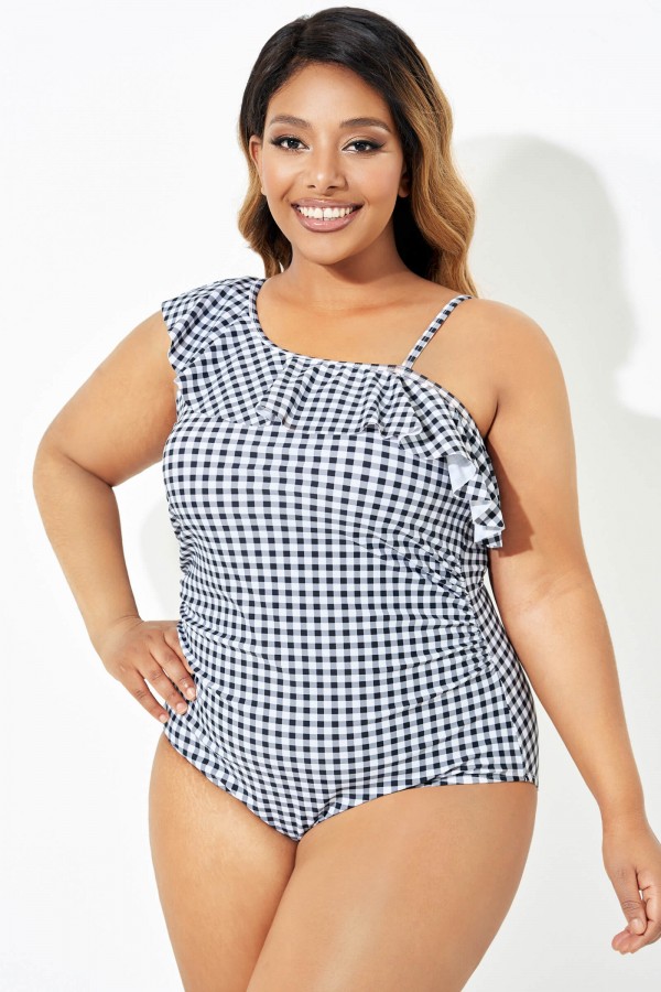 Black & White Gingham One-Shoulder One Piece Swimsuit