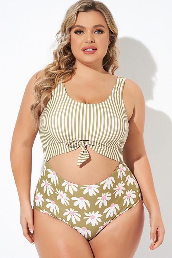 Cactus Stripe Daisy Knotted One Piece Swimsuit