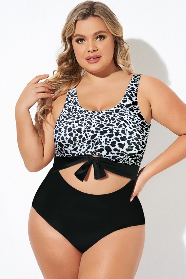 Leopard Print Stripe Knotted One Piece Swimsuit