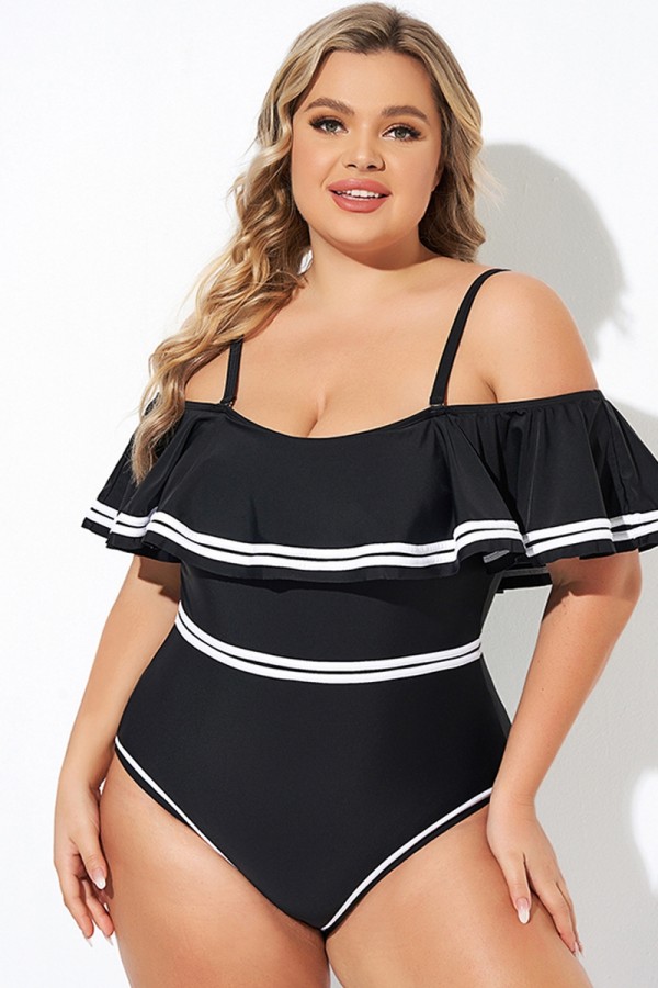 Black and White Off  Shoulder Ruffles One Piece Swimsuit