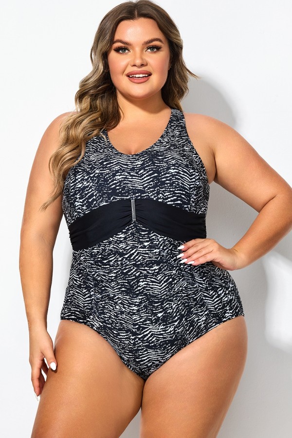 Black & White Zebra Print Ruched Front One Piece Swimsuit