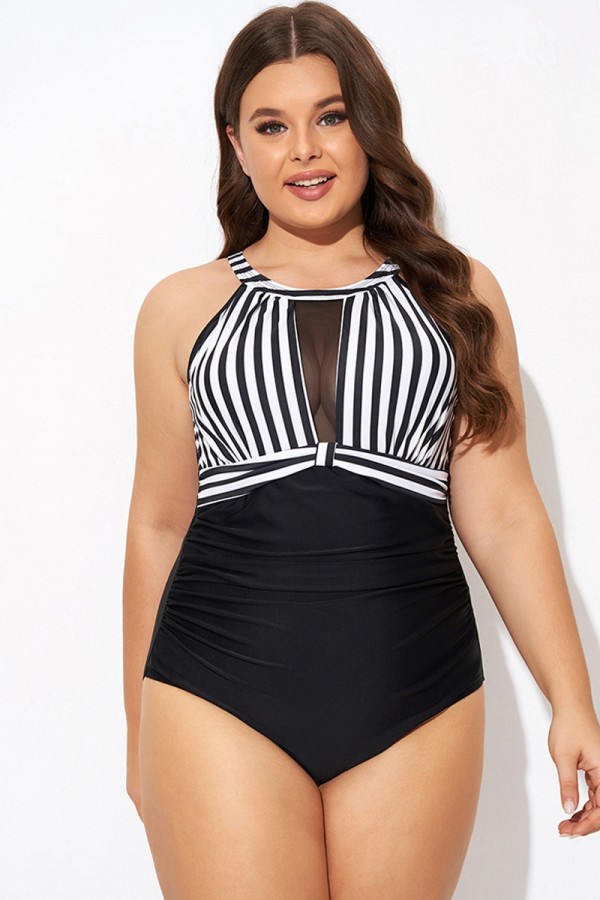 Stripe High Neck Mesh Ruched One Piece Swimsuit