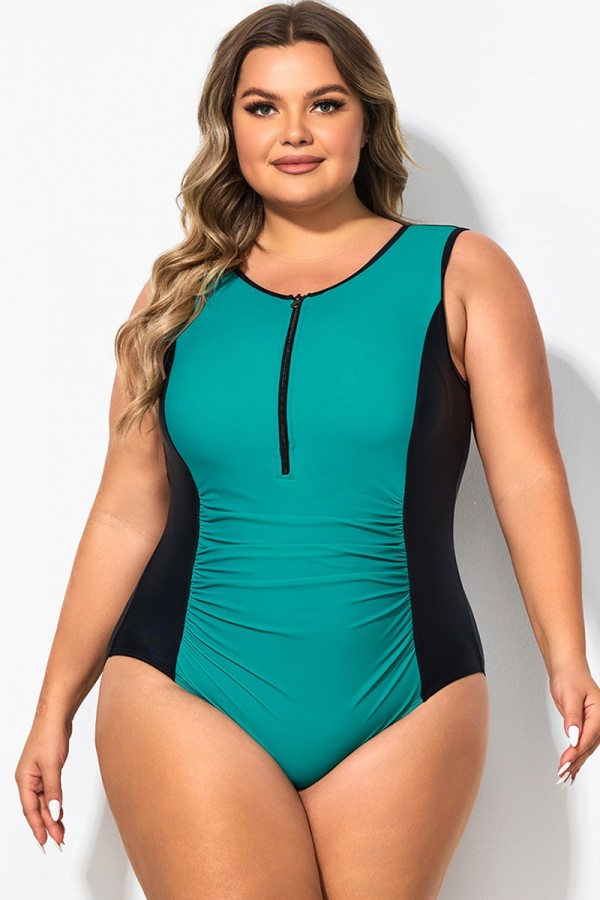 Blue Zip Front Tummy Control One Piece Swimsuit