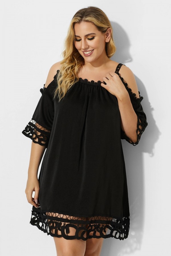 Black Crochet Off the Shoulder Cover Up Dress