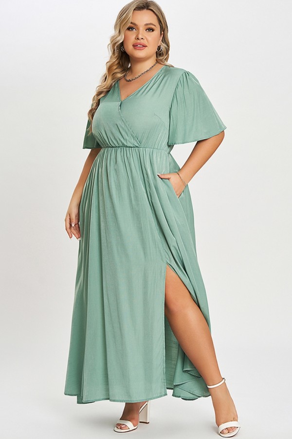 Green Flutter Sleeve Pocket Split Women Maxi Dress