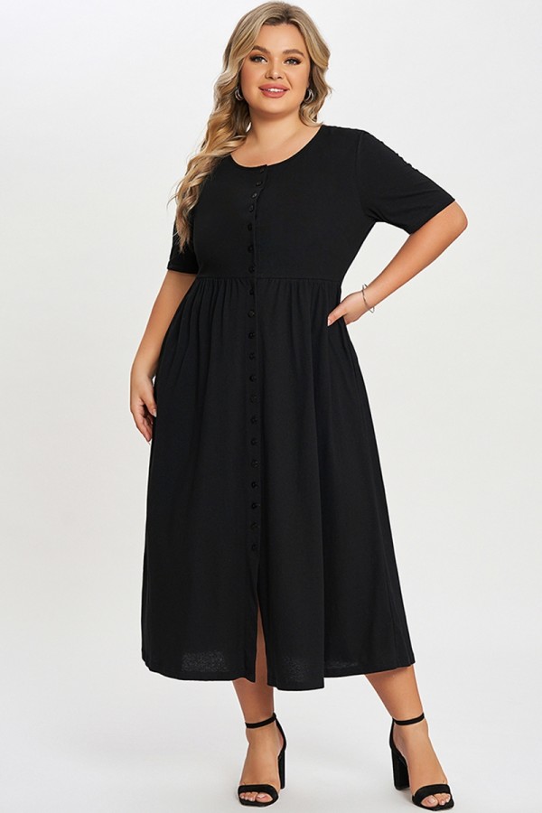 Black Button-Front Essential Side Seam Pockets Dress