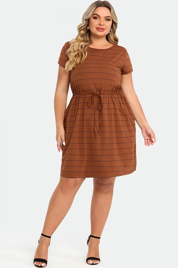 Plus Size Stripe Adjustable Drawstring Women Dress