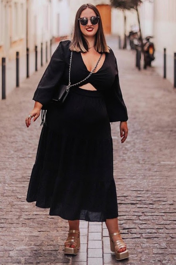 Black Long Sleeves Cutout  A-line Midi Dress