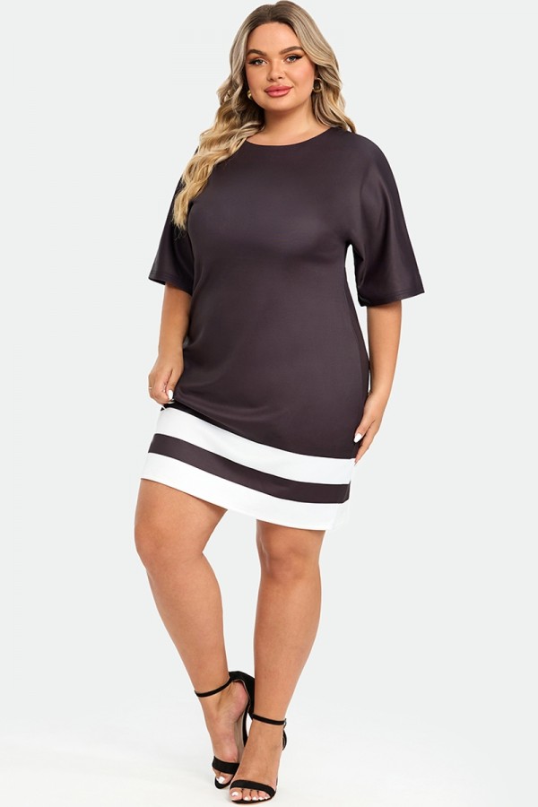 Black＆White Short Sleeve Round Neck Midi Dress