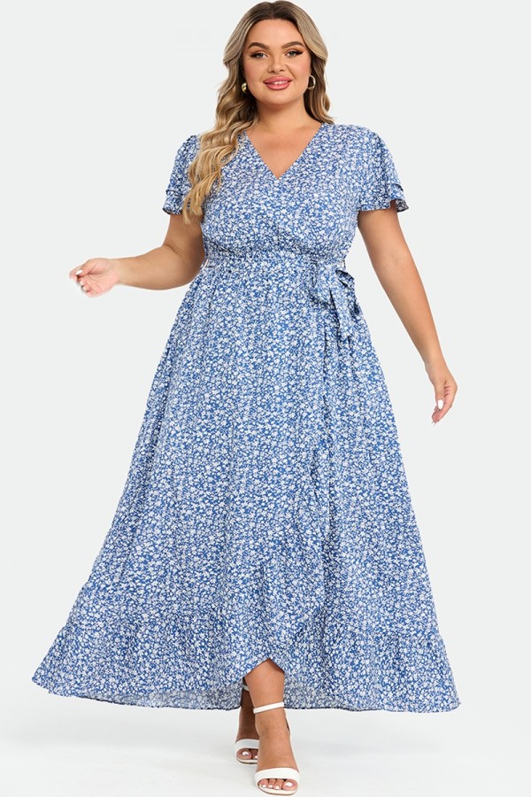 Plus Size Floral Flutter Sleeve Ruffle Belted Maxi Dress