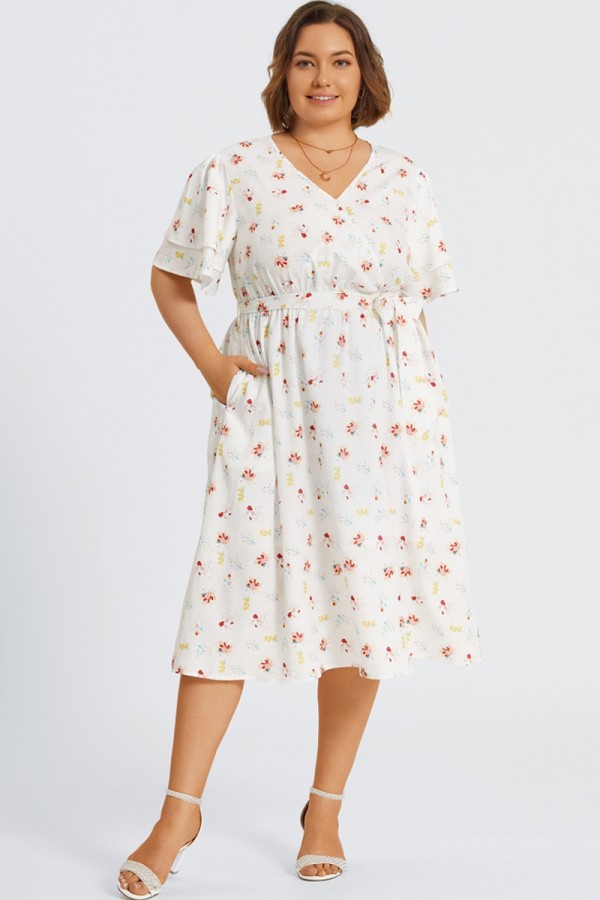 Floral Printed Ruffle Sleeve Pocket Belted Maxi Dress