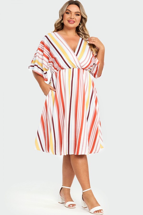 V-Neck Color Striped Dolman Sleeve Maxi Dress