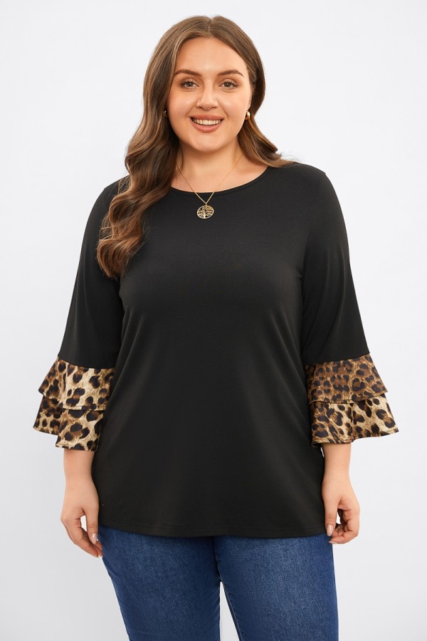 Round Neck Leopard Print Sleeves Flowy Fit Blouse