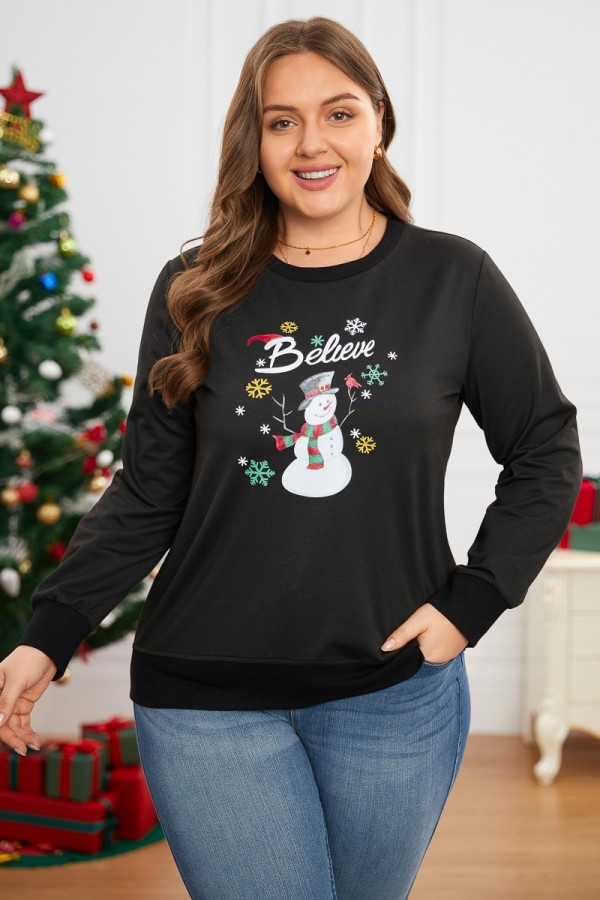 Black Fleece Ribbed Trim Loose Christmas Sweatshirt