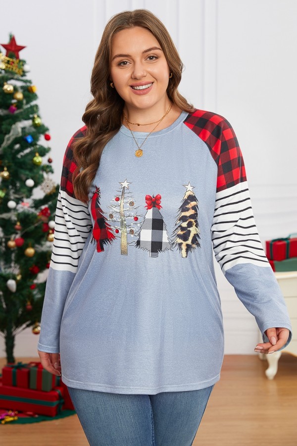 Plaid Stripe Christmas Print Raglan Long Sleeve Sweatshirt