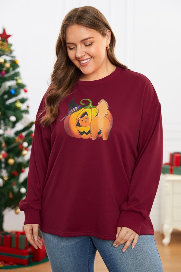 Halloween Pumpkin Cat Print Long Sleeve Loose Sweatshirt