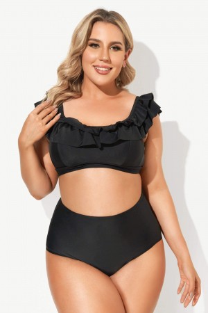 Plain Black Off-the-Shoulder Bikini Set with Ruffle